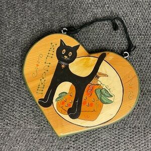 Vtg Halloween Black Cat Pumpkin Folk Art Hand Painted Welcome Wood Sign Mexico